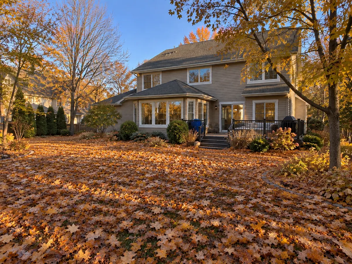 Illustration: a backyard covered in fallen leaves, before a cleanup