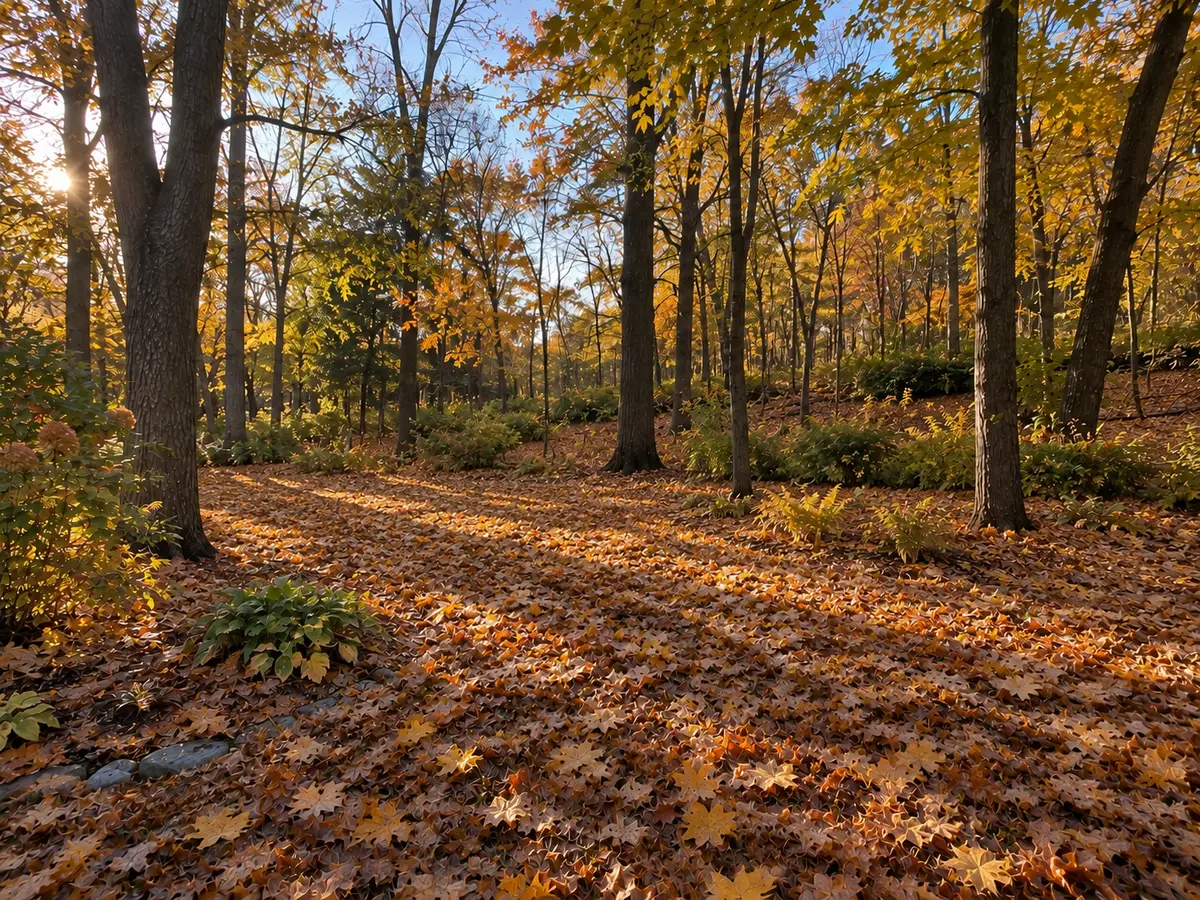 Illustration: a wooded lot covered in fallen leaves, before a cleanup